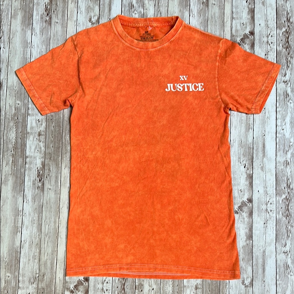 NWOT Vintage Orange XV Justice T-Shirt Tarot Card 100% Cotton sz Small Unisex